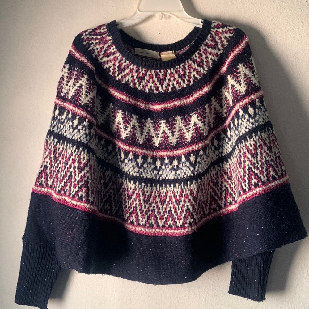 SLEEPING ON SNOW Midland Fair Isle Knit Wool and Cotton Blend Circle Poncho XS/S